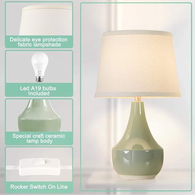 GyroVu 18" Table Lamp Set of 2, Ceramic Table Lamp Classic Beside Lamps Nightstand Lamp Modern Lamp for Living Room, Bedroom & Office Rocker Switch Sage Green-LED Bulbs Included