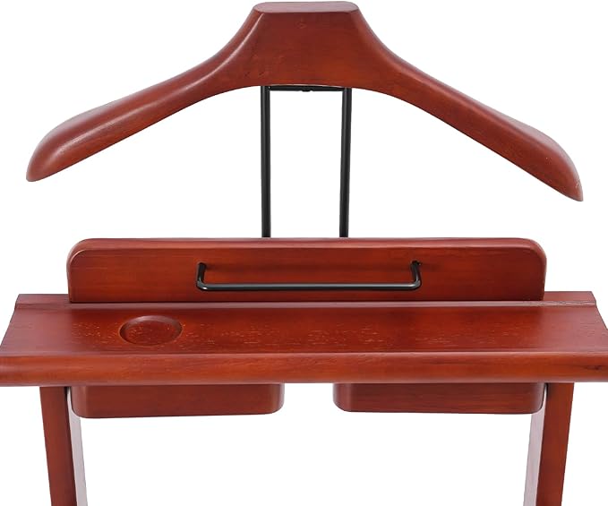 Clothing Valet Stand, Wood Suit Rack, Freestanding Valet Stand for Women and Man, 17"x12"x44" Suit Stand for Home Hotel Office (Reddish Orange)