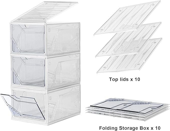 AWTATOS Shoe Boxes with Magnetic Door, Stackable Shoe Storage Organizer with Lids, Folding Shoe Rack for High Heels, Thickened Sneaker Storage Container, 10 Pack, Clear