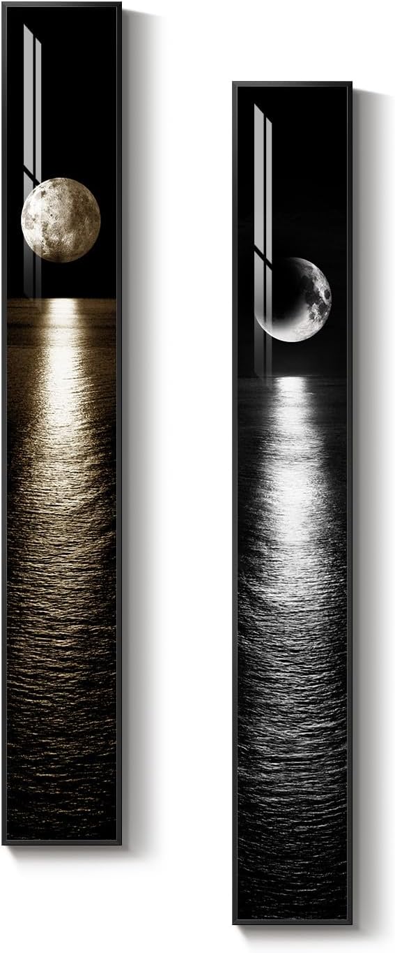 Framed Long Narrow Vertical Moon Wall Art Set of 2, Modern Black White Gold Bright Art Prints Paintings, Night Sea Landscape Pictures for Living Room Entryway Hallway Dining Room Bedroom Wall Decor