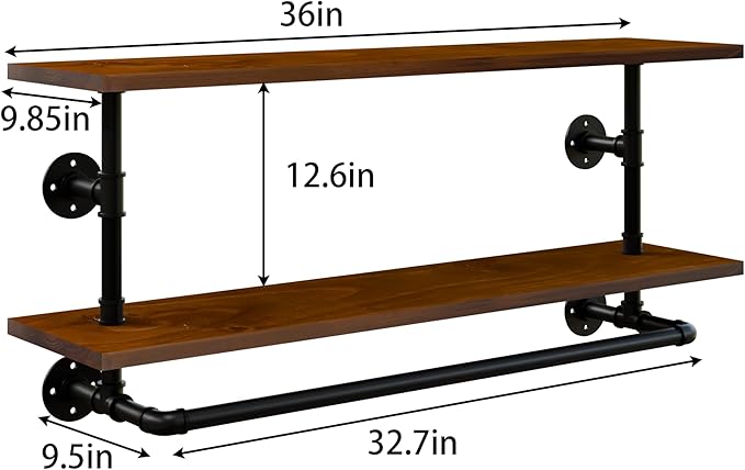 Clothes Rack 36in, Wall Mounted Garment Rack with Real Walnut Wood Shelf, Heavy Duty Hanging Clothes Rack, Multi-Purpose Hanging Rod, Space-Saving Closet Storage