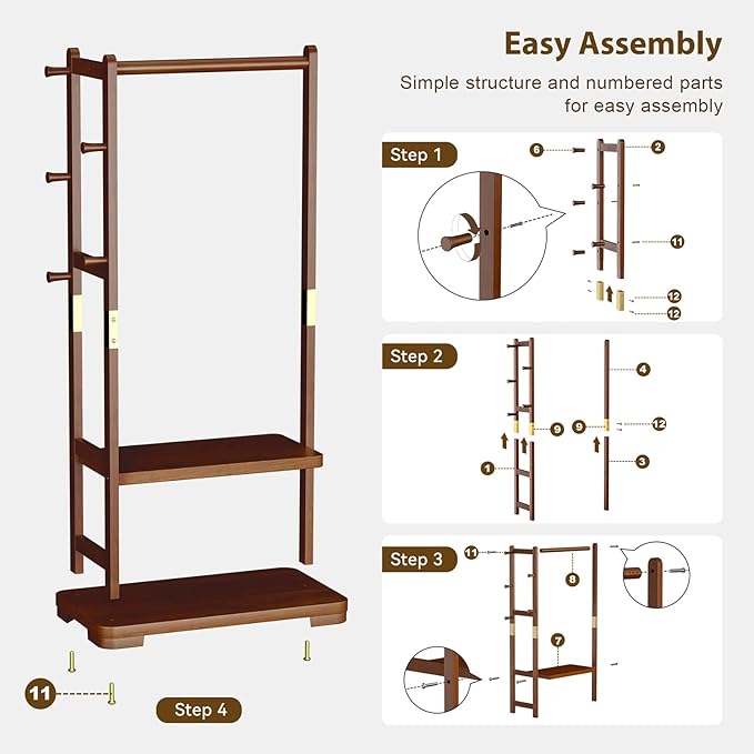 Coat Rack Solid Wood Clothes Rack with 2 Shelves & 4 Hooks for Hanging Clothes Garment Wallets Hats, Clothing Rack Heavy Duty Coat Rack Freestanding with Storage Hall Tree for Hallway Bedroom