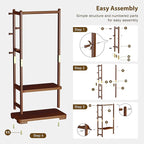 Coat Rack Solid Wood Clothes Rack with 2 Shelves & 4 Hooks for Hanging Clothes Garment Wallets Hats, Clothing Rack Heavy Duty Coat Rack Freestanding with Storage Hall Tree for Hallway Bedroom