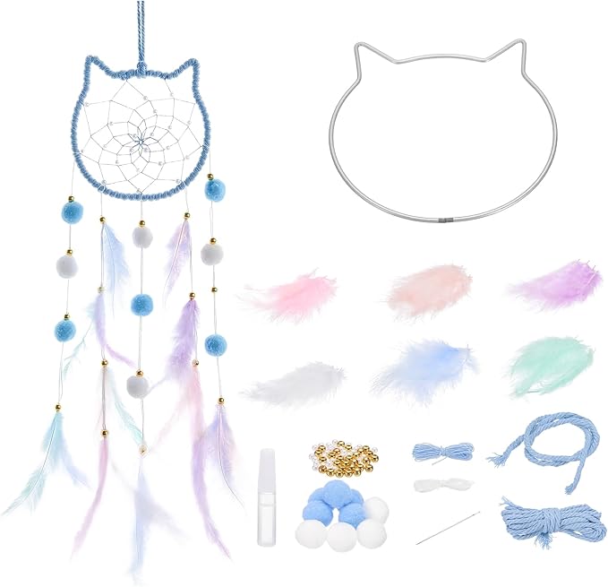 PATIKIL DIY Dream Catcher, Cat Making Dream Catcher Supplies Handmade Dream Catcher Kit Feather Pompom Beads for Wall Hanging Ornament Decor Craft, Blue