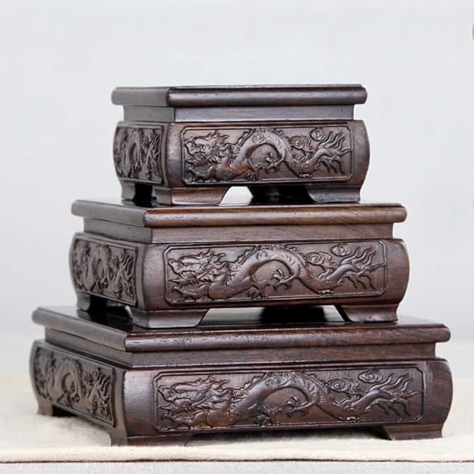 GOLDY&WENDY Chinese Solid Wood Pedestal Stand Square Black Catalpa Display Risers Base with Carved Handcrafts