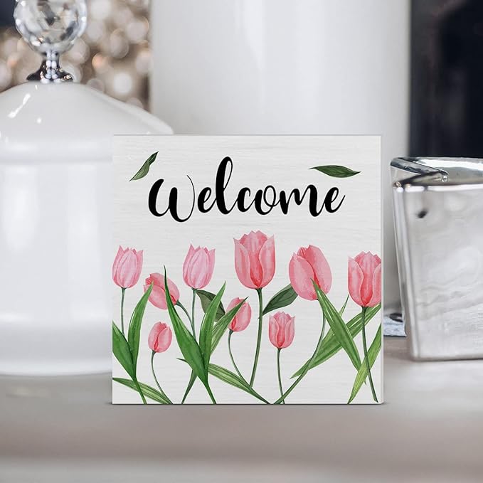 Flower Tulips Spring Wooden Box Sign Farmhouse Spring Welcome Wood Box Sign Art Blocks Desk Sign Rustic for Shelf Tabletop Home Decor 5 X 5 Inch