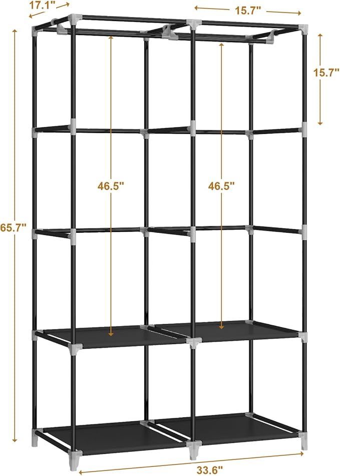 Portable Closet Wardrobe for Small Room, 35-Inch Clothing Organizer Storage Rack with 2 Clothes Hanging Rods and 4 Shelves, Non-Woven Fabric Cover, Black