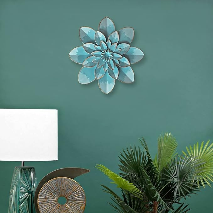 Light Sky Blue Metal Flower Wall Art Decor, 9.5“ Rustic Modern Floral Sculpture, Distressed Hanging Home Decoration Accent Artworks for Indoor Bedroom Living Room Office Outdoor Garden Patio
