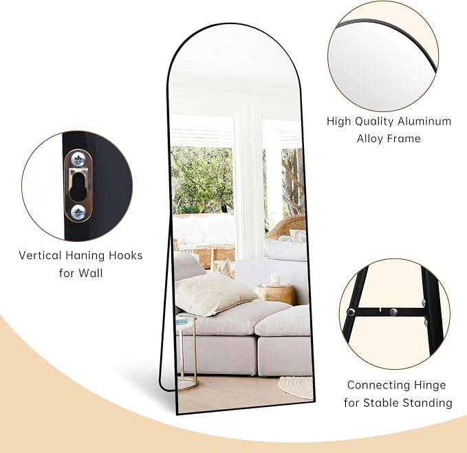 Dewfig Arched Full Length Mirror, 57"X20" Large Floor Mirrors, Full Body Mirrors for Leaning or Hanging, Standing Mirror for Bedroom, Living Room,Dressing Room, Aluminum Alloy Frame, Black
