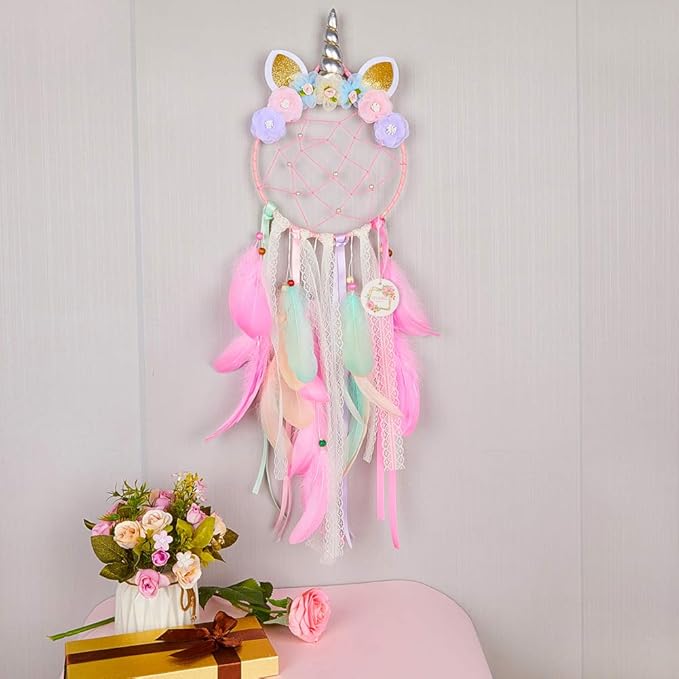 QtGirl Dream Catchers for Kids Unicorn Wall Decor for Girls Bedroom Flower Feather Wall Hanging Decoration