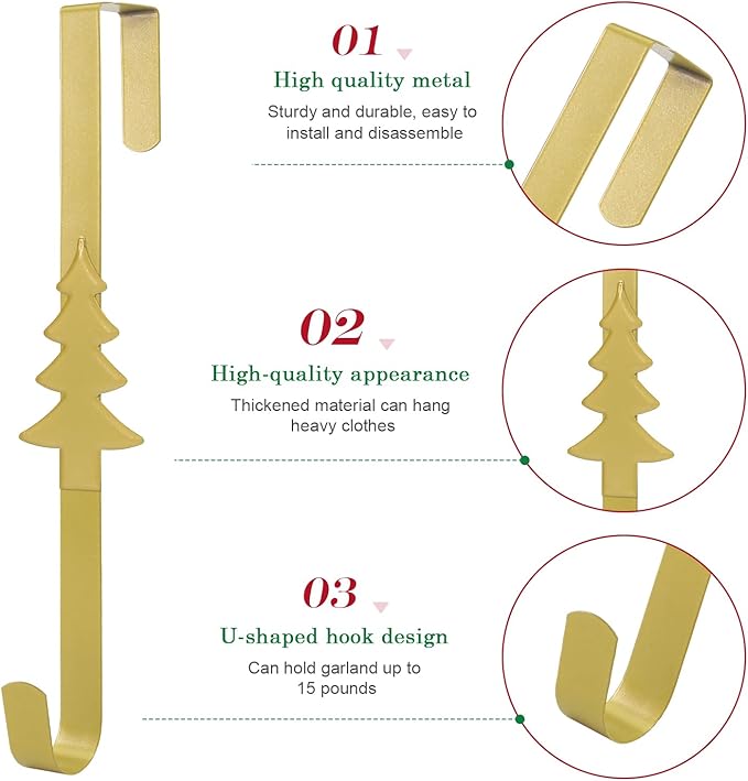 Wreath Hangers for Front Door,15" Sturdy Metal Wreath Doors Hangers,Over The Door Hooks for Front Porch Decor,Garland Hooks Holders for Halloween Christmas Decorations (Gold Christmas Tree, 1 Pack)