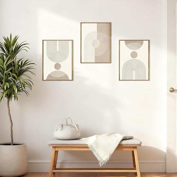 BINCUE Neutral Abstract Wall Art Boho Geometric Wall Decor Mid Century Modern Artwork Boho Abstract Art Prints Beige Abstract Paintings Elegant Modern Wall Pictures for Living Room Bedroom Office 12" Lx16 W Set of 3 Gift