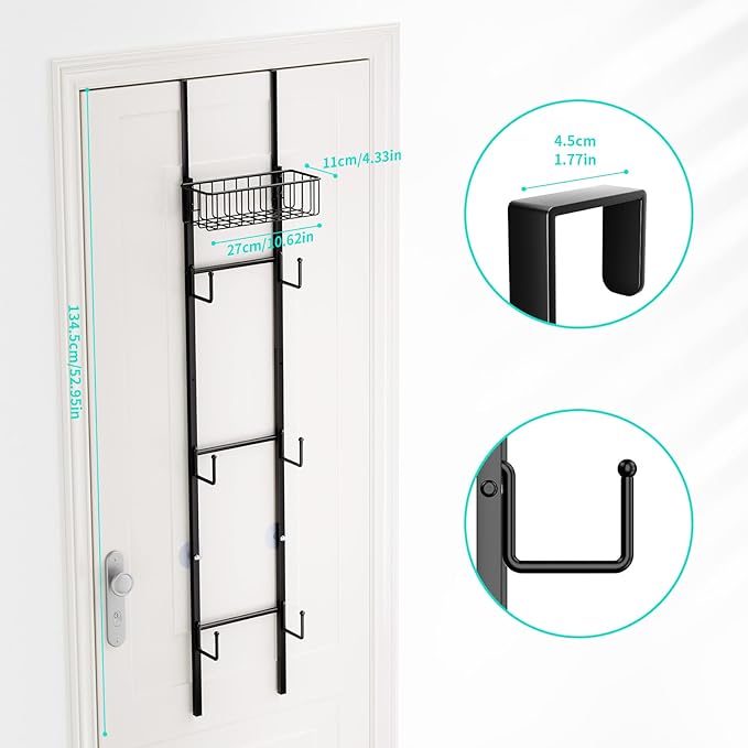 HapiRm Over Door Hat Rack - Wall Mounted Hat Organizer with 6 Hooks and Metal Basket Design, Baseball Cap Organizer Storage Holder Up to 32 Caps for Door, Bedroom, Closet (Black)