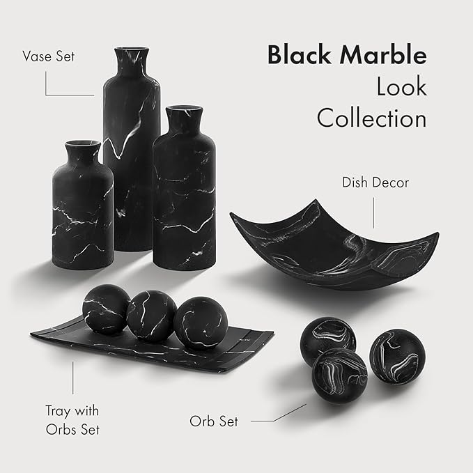 Creative Scents Black Marble Look Home Decor Bowl and Orb Set - Coffee Table Decor for Living Room - Centerpiece Table Decorations for Dining Table, Kitchen Counter, Foyer - Elegant House Decoration