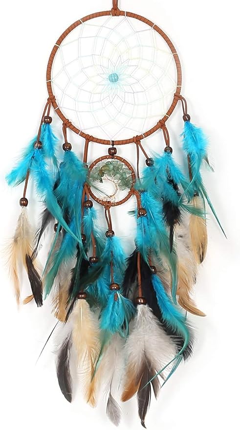 MOONFLY Dream Catcher Handmade Traditional Feather Dreamcatcher Hanging Home Wall Decoration Craft Ornament for Home, Bedroom, Kids, Boys Native American Style Décor (Green Life Tree)