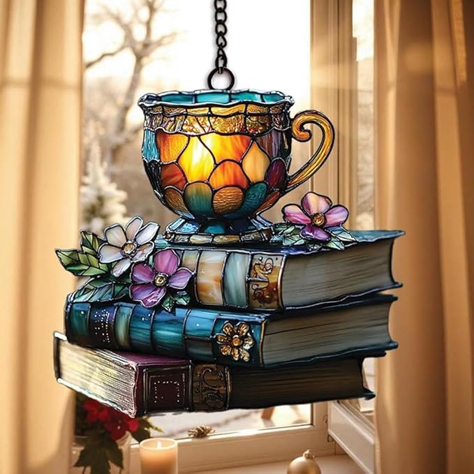 Bookish Teacup Acrylic Suncatcher, Book Suncatchers for Window Hangings, Bookish Gifts for Readers Book Lovers Bookworm, Gift for Mother's Day, Women, Mom, Wife, Grandma