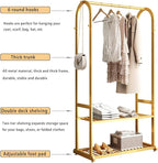 Gold Clothing Rack,Metal Garment Rack with Bottom Storage Shelves and 6 Side Hooks,modern Sturdy clothes racks for hanging clothes,Freestanding Wardrobe Rack for Bedroom or Boutique (L:31.5in)