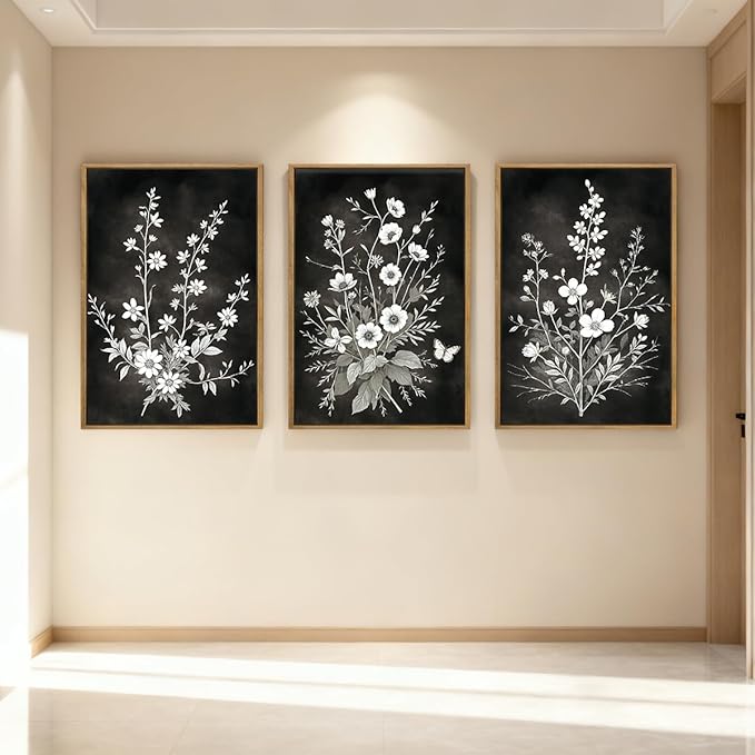 BINCUE Framed Black and White Floral Wall Art Set of 3 Botanical Wall Decor Flowers Paintings Botanical Art Prints White Floral Wall Pictures Black Artwork for Living Room Bedroom Office Farmhouse 16x24 Inches