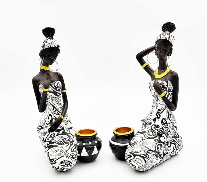 African Statues Art Sculptures Women Figure Girls Tribal Lady Figurine Black Women Home Decor Collectible Creative Vintage Gift Crafts (Black+White)
