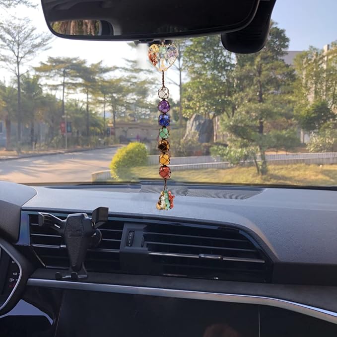 Cute Handmade Crystal Chakra Swinging Hanging Ornaments Mirror Hanging Car Accessories Tree of Life Stone Tree Feng Shui Window Ornament for Home Decor