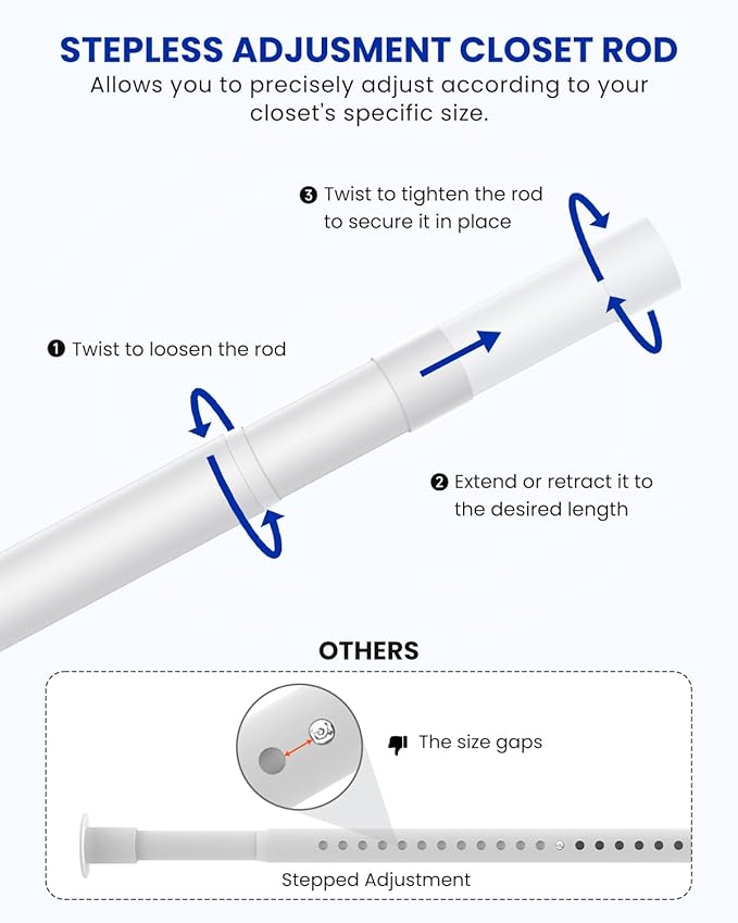Closet Rods for Hanging Clothes, 17 to 39 Inches Stepless Adjustable Metal Closet Rod, 1.3 Inches Heavy Duty Clothes Hanging Rod for Closet Wardrobes Laundry RV, White