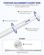 Closet Rods for Hanging Clothes, 17 to 99 Inches Stepless Adjustable Metal Closet Rod, 1.3 Inches Heavy Duty Clothes Hanging Rod for Closet Wardrobes Laundry RV, White