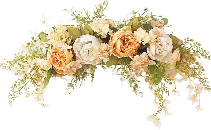 IUIBMI 29.5 inch Wedding Arch Flowers, Spring Decorative Peony Swags with Green Leaves Rustic Artificial Floral Swag Peony Door Wreath for Front Door Wedding Arch Wall Decor (D)