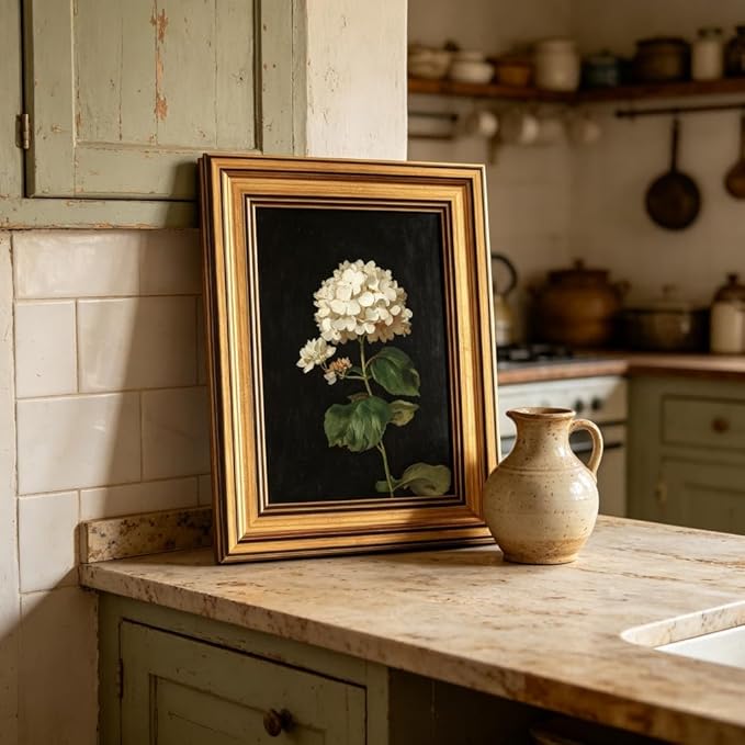 Gold Framed Moody Flower Canvas Wall Art White Hydrangea Living Kitchen painting Decor Pictures Bedroom Vintage Plant Floral Posters Prints for Corridor Classroom Bedroom Woman Room Decoration