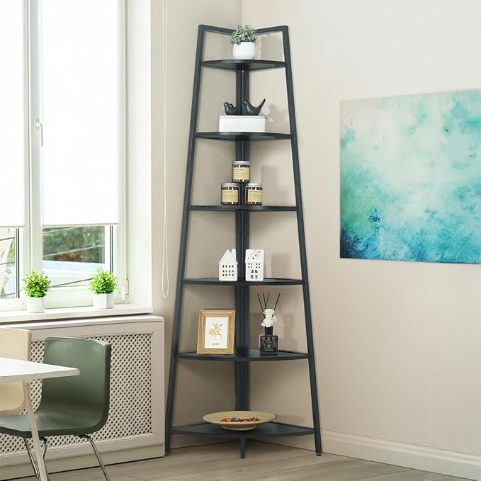 CAPHAUS Tall Corner Shelf Stand, 6-Tier Display Shelves, Ladder Corner Wood Storage Plant Bookshelf with Metal Frame, Versatile Shelving Unit Bookcase for Home Office Space, Black