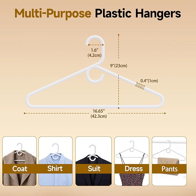 White Plastic Hangers 18 Pack, Heavy Duty Clothes Hangers for Standard Size Hangers with Center Hook & Non-Slip Pants Bar for Shirts, Pants, Coat, Dresses, Jackets, Scarves and Belts