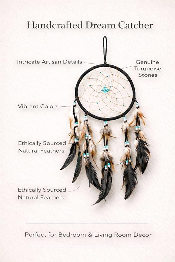 OMA Black Dream Catcher – Large Black Suede Dream Catcher with Turquoise Stones and Feathers, Traditional Dreamcatcher for Bedroom, Living Room, Dorms & Gift, Size - 28” x 9”