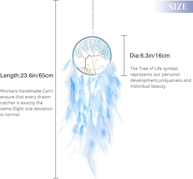 Pretty Jolly Double Tree of Life Dream Catcher Wall Decor with Healing Crystal Stone Handmade Cyan Blue White Feather Dream Catchers Decoration Wall Hanging Bedroom Room Wedding Party Wish Gift-25.6"