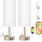 Touch Bedside Table Lamps Set - 3 Way Dimmable Bedroom Lamps Set of 2 with USB C and A Ports, Small Lamps for Nightstand with AC Outlet, Gold Base Round Flaxen Shade for Desk, Office, Dorm, Nursery