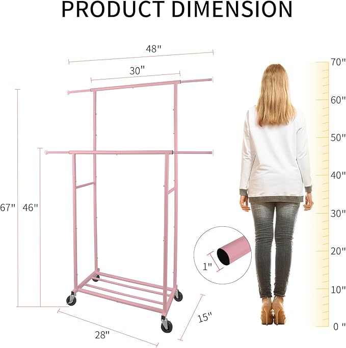 Fishat Portable Pink Double Rods Garment Rack with Rolling Clothes Organizer on Lockable Wheels Mobile for Gilr Women, 48" W x 15" D x 67" H, Metal Simple Hanging Clothes with 2 Hook