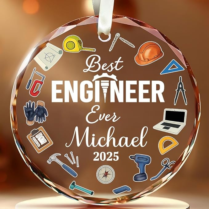 BSQUIELE Personalized Best Engineer Ever Glass Ornament 2025 - Civil Engineering Gift for Retirement Custom Name Keepsake - Unique Xmas Tree Hanging Decoration