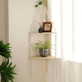 Artilady Macrame Corner Shelf Wall Hanging - 2 Tier White Corner Floating Shelves Boho Wall Decor, Rustic Wooden Plant Shelf Storage Rack for Bedroom Living Room Bathroom