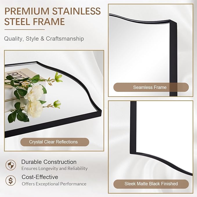 ANDY STAR 30"x40" Scalloped Wall Mirror，Matte Black Rectangle Bathroom Mirror with Curved Edge Stainless Steel Metal Frame, Large Wall-Mounted Mirror for Bathroom, Entryway (Horizontal/Vertical)