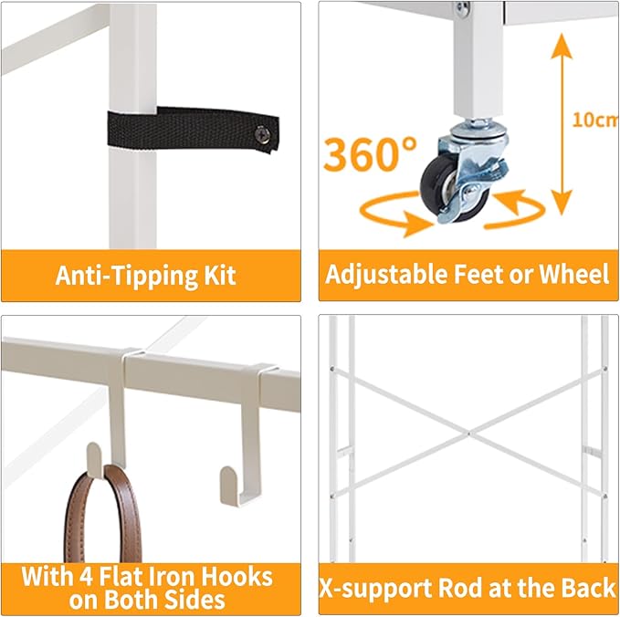 Clothes Rack for Hanging Clothes, 2 Drawers, Heavy Duty Garment Racks with Shelves, Clothes Rack with Hanging Hooks, White YD-TM080W