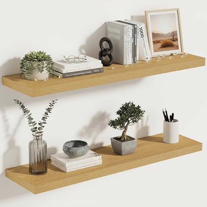Vivelove 10" Deep Floating Shelves with Invisible Brackets, 30" Wall Shelves for Bathroom Bedroom Kitchen Living Room Laundry Room, Modern Rustic Shelves for Home Decor, 30"x10.2"x1.5", Set of 2, Oak