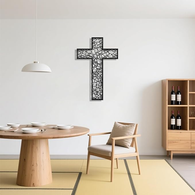 Black Metal Cross Wall Decor Iron Christian Cross for Home Church, Hollow Out Artistic Hanging Ornament, Crosses Wall Decor for Living Room, Bedroom, Decorative Thankful Religious Gift 35.4x23.5 inch