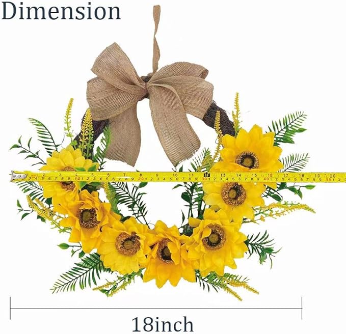 18 Inch Sunflower Wreath for Front Door, Artificial Spring Wreath with Bright Sunflowers and Bow for All Seasons Indoor Outdoor Wall Window Office Farmhouse Entryway Decor