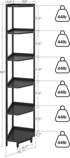 Hzuaneri Corner Shelf Stand, Corner Bookshelf, Storage Standing Shelf Unit with Metal Frame, Plant Stand, Bookcase for Living Room, Home Office, Bedroom, 6-Tier Black CS06006B