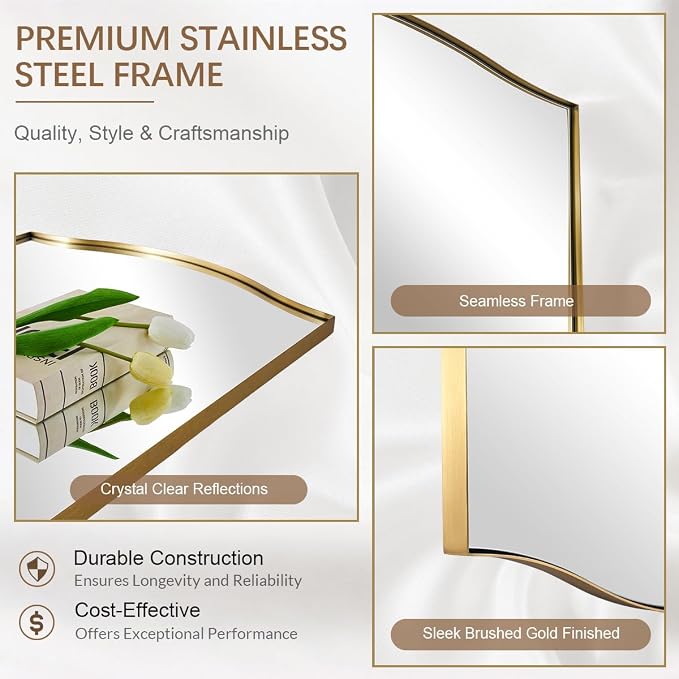 ANDY STAR 26"x38" Scalloped Mirror for Bathroom，Brushed Gold Rectangle Wall Mirror with Curved Edge Stainless Steel Metal Frame, Wall-Mounted Mirror for Bathroom, Entryway, Living Room