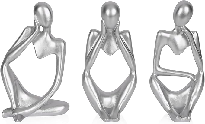 Sandstone Resin Thinker Style Abstract Sculpture Statue Collectible Figurines Home Office Bookshelf Desktop Decor (Small Silver, 3pcs)