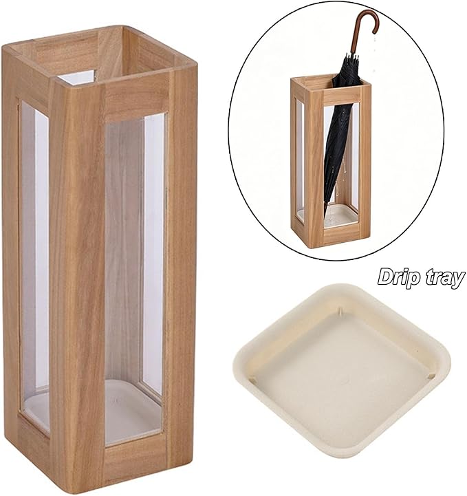 Umbrella Stand with Removable Plastic Drip Tray, Spacious Storage Bucket, for Home Entryway Decoration and Hotel Lobbies, Features a Solid Wood Umbrella Bucket, Acrylic Frame(Brown)