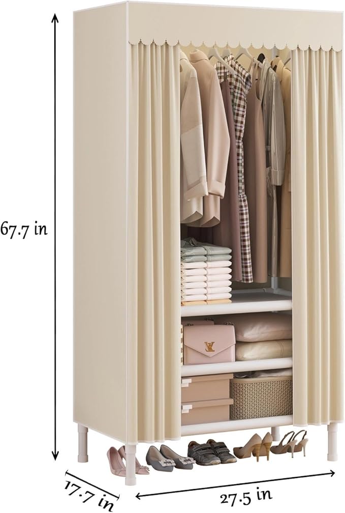 Portable Closet,Garment Rack,Heavy Duty Clothes Rack with Cover,Wardrobe Closet with 1 Hanging Rods, 2 Storage Shelves,27.5" L x 17.7" W x 67.7" H,Pale Yellow