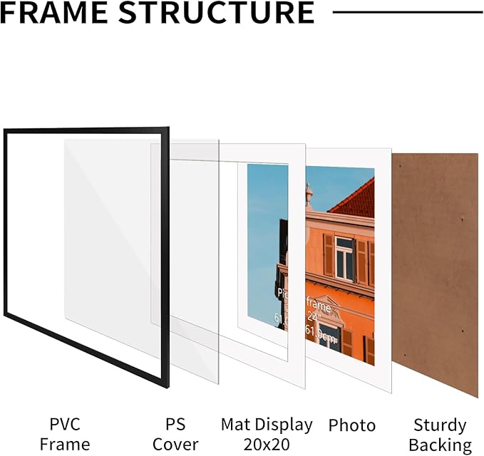 Rempry 24x24 Picture Frame, Display Pictures 20x20 with Mat or 24x24 Without Mat, Wall Hanging or Tabletop Photo Frame, Black Poster Frame, 1 Pack