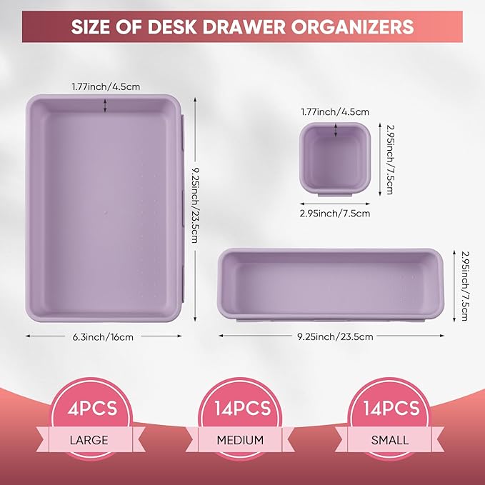 32 Pcs Desk Drawer Organizer Office Organization Tray Versatile Vanity Organizer with Nonslip Pads Makeup for Divider Drawer Storage Box Container for Kitchen Bedroom(Purple)