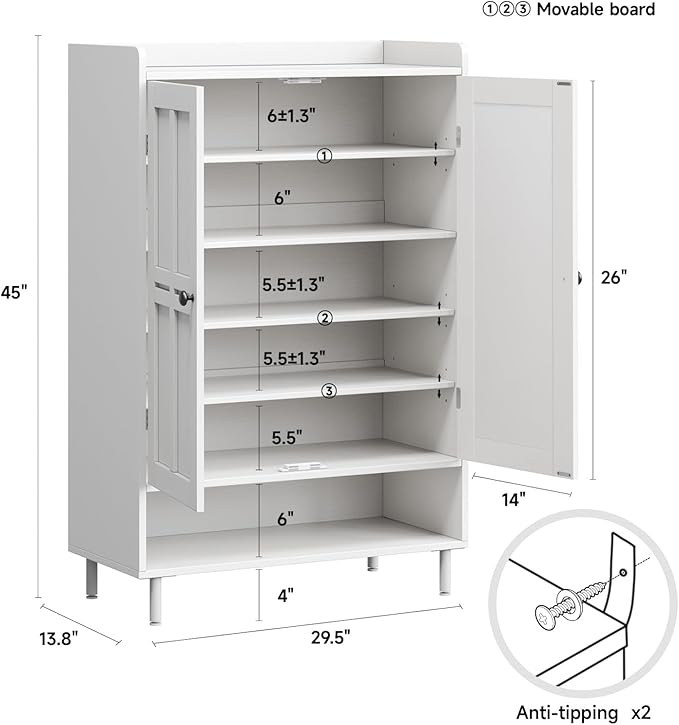 White 7+1 Tier Farmhouse Shoe Storage Cabinet - 45" Tall Entryway Organizer with Cross Molding Doors, 3 Adjustable Shelves & Metal Legs, Shoe Rack for Front Door Entrance