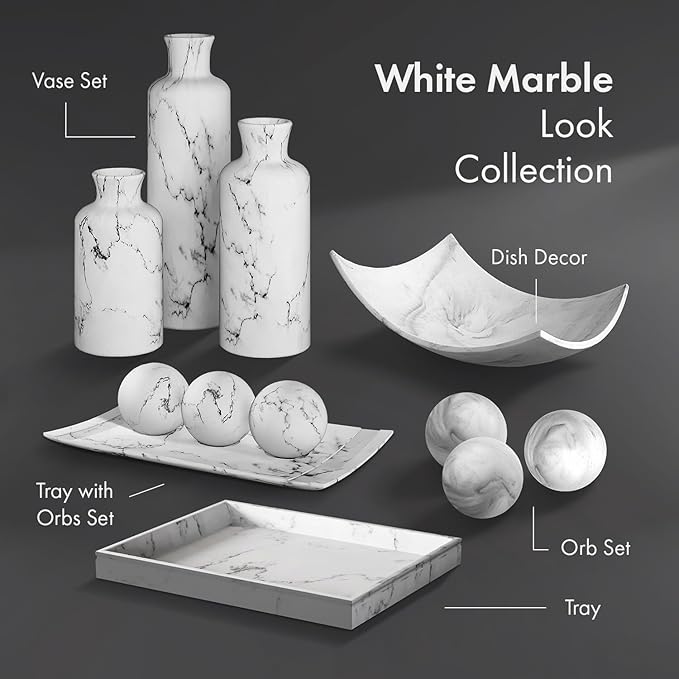Creative Scents White Marble Look Home Decor Tray and Orb Set Coffee Table Decor for Living Room Centerpiece Table Decorations for Dining Table, Kitchen, Foyer, Entryway Elegant House Decoration